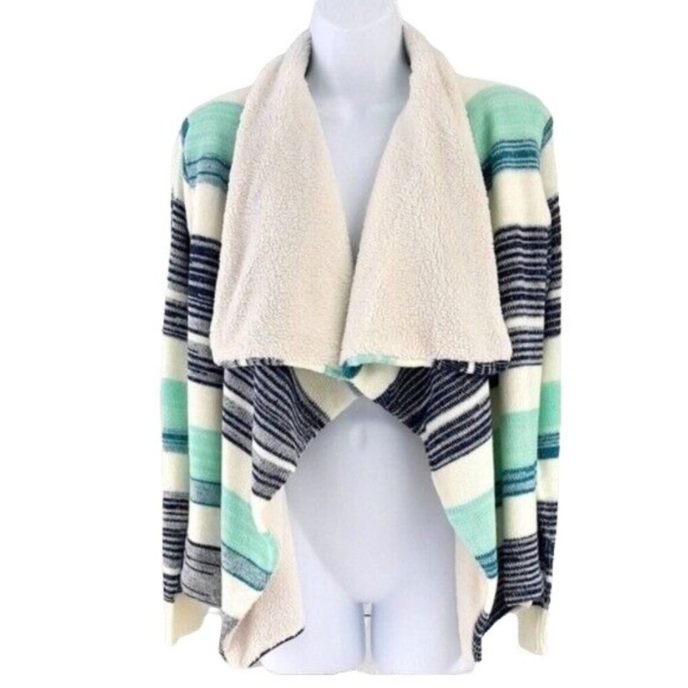 Love by Design Women Cardigan Blue Green Medium Striped Waterfall Shearling Open